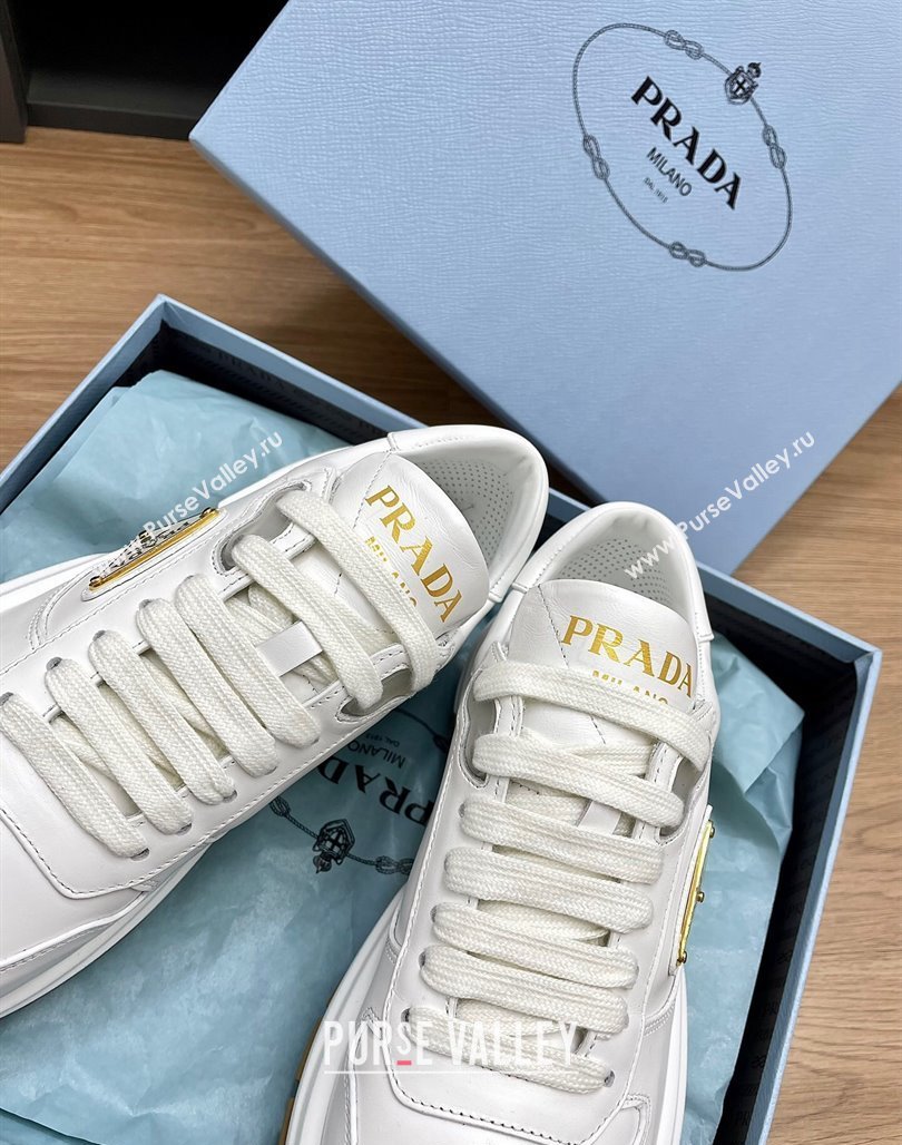 Prada Gabardine Leather Sneakers White/Gold 2024 071901 (KL-240719125)