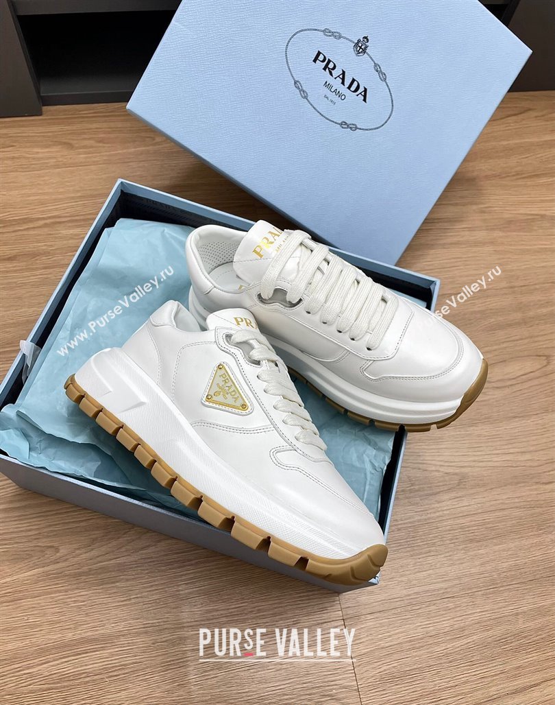 Prada Gabardine Leather Sneakers White/Gold 2024 071901 (KL-240719125)