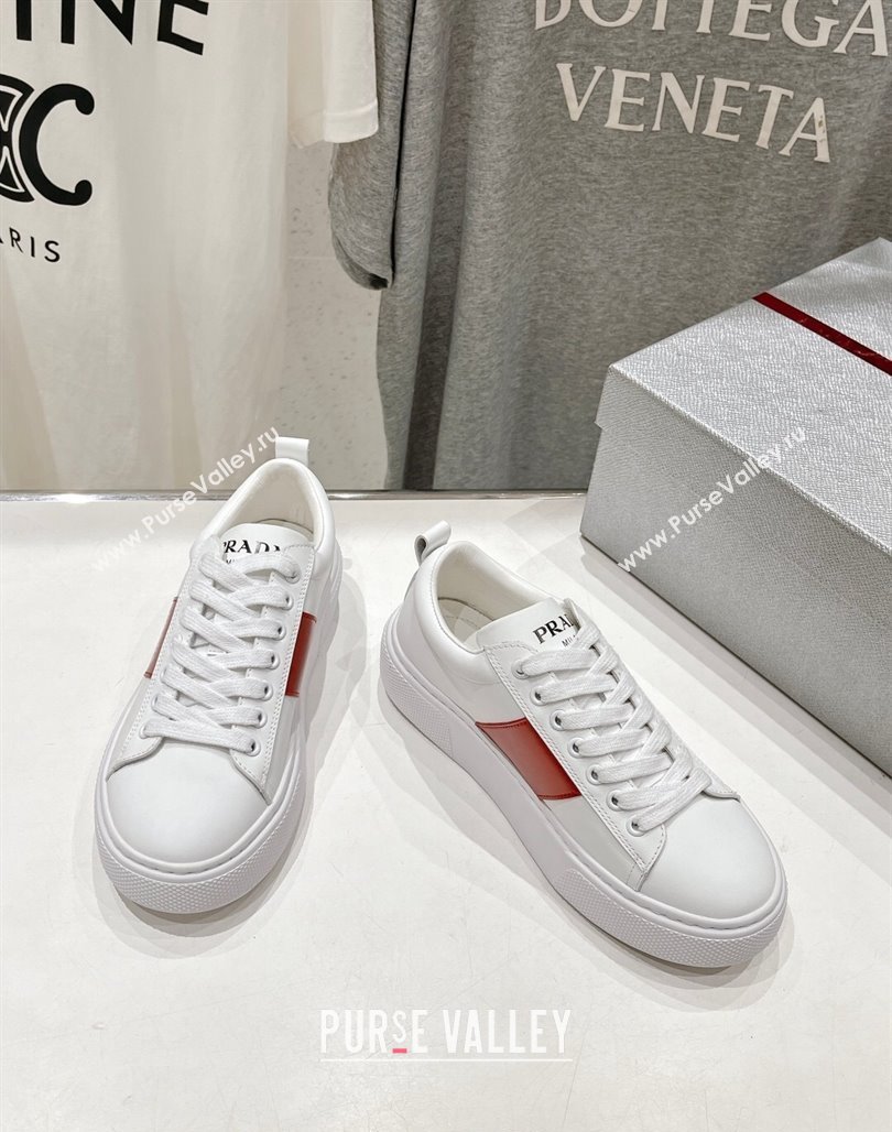 Prada White leather sneakers with Red Web 2024 071904 (KL-240719142)