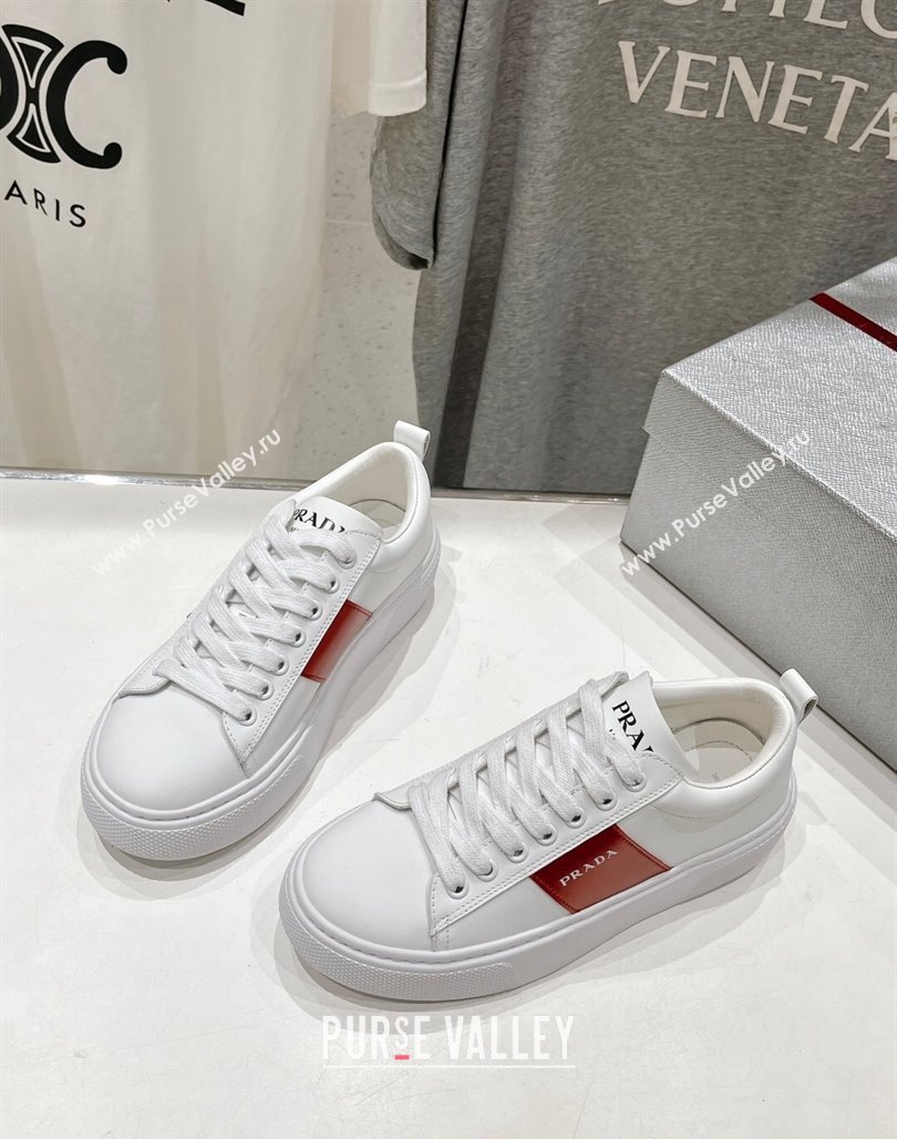 Prada White leather sneakers with Red Web 2024 071904 (KL-240719142)