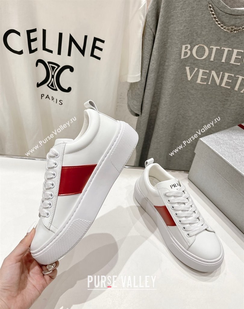 Prada White leather sneakers with Red Web 2024 071904 (KL-240719142)