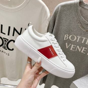 Prada White leather sneakers with Red Web 2024 071904 (KL-240719142)