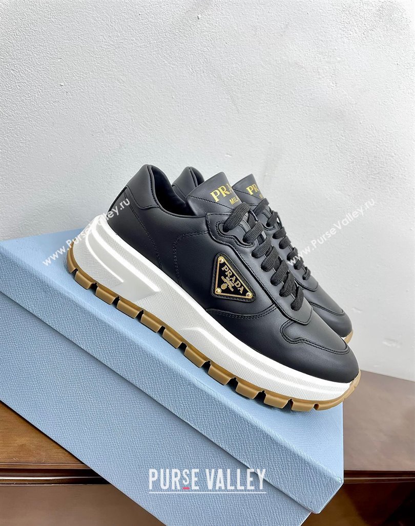 Prada Gabardine Leather Sneakers Black/Gold 2024 071901 (KL-240719121)