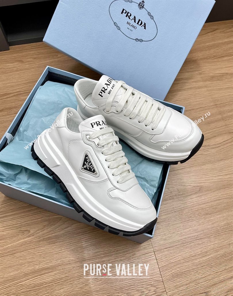 Prada Gabardine Leather Sneakers White/Silver 2024 071901 (KL-240719126)