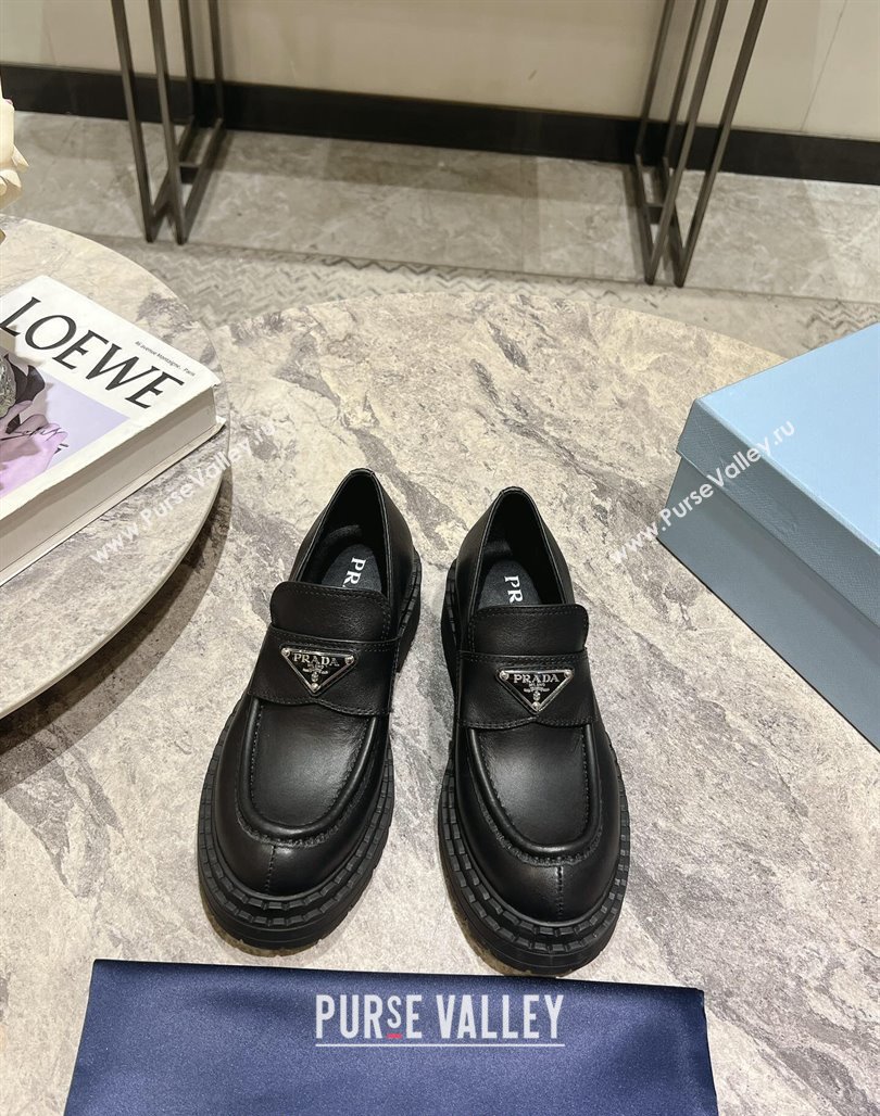 Prada Matte Leather Platform Loafers 5.5cm Black 2024 072005 (KL-240720028)