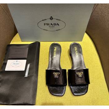 Prada Patent Saffiano Leather Heel Slides Sandal 4cm Black 2024 072001 (KL-240720001)