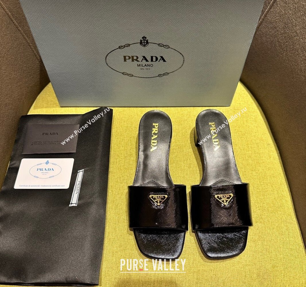 Prada Patent Saffiano Leather Heel Slides Sandal 4cm Black 2024 072001 (KL-240720001)