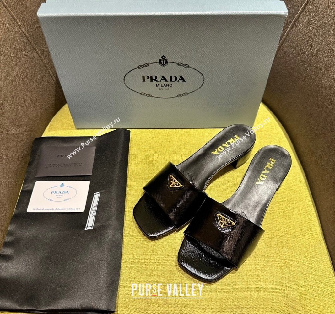 Prada Patent Saffiano Leather Heel Slides Sandal 4cm Black 2024 072001 (KL-240720001)