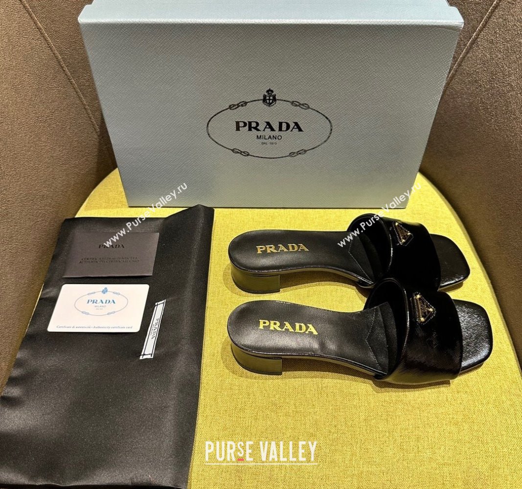 Prada Patent Saffiano Leather Heel Slides Sandal 4cm Black 2024 072001 (KL-240720001)