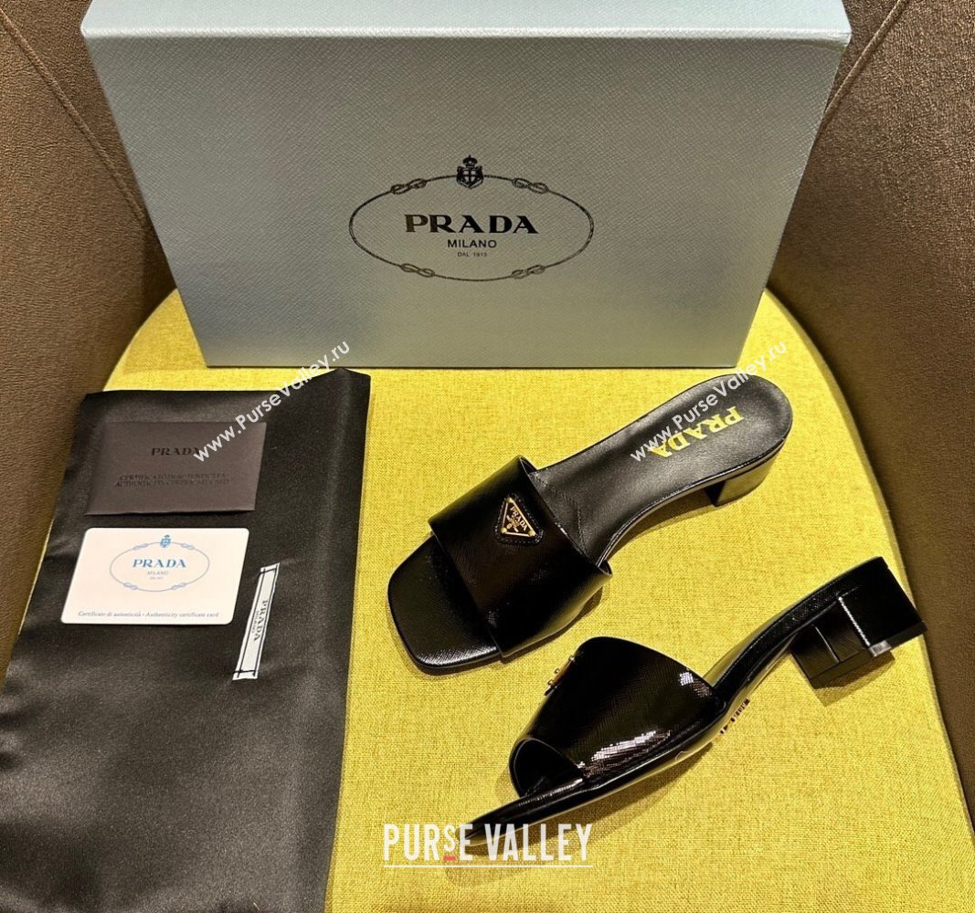 Prada Patent Saffiano Leather Heel Slides Sandal 4cm Black 2024 072001 (KL-240720001)