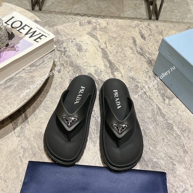 Prada Leather Platform Thong Slides Sandal Black 2024 072007 (KL-240720035)