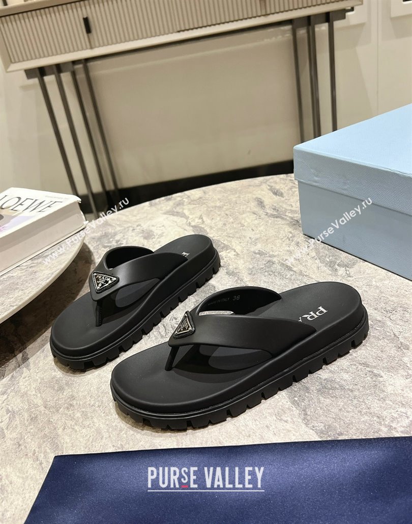 Prada Leather Platform Thong Slides Sandal Black 2024 072007 (KL-240720035)