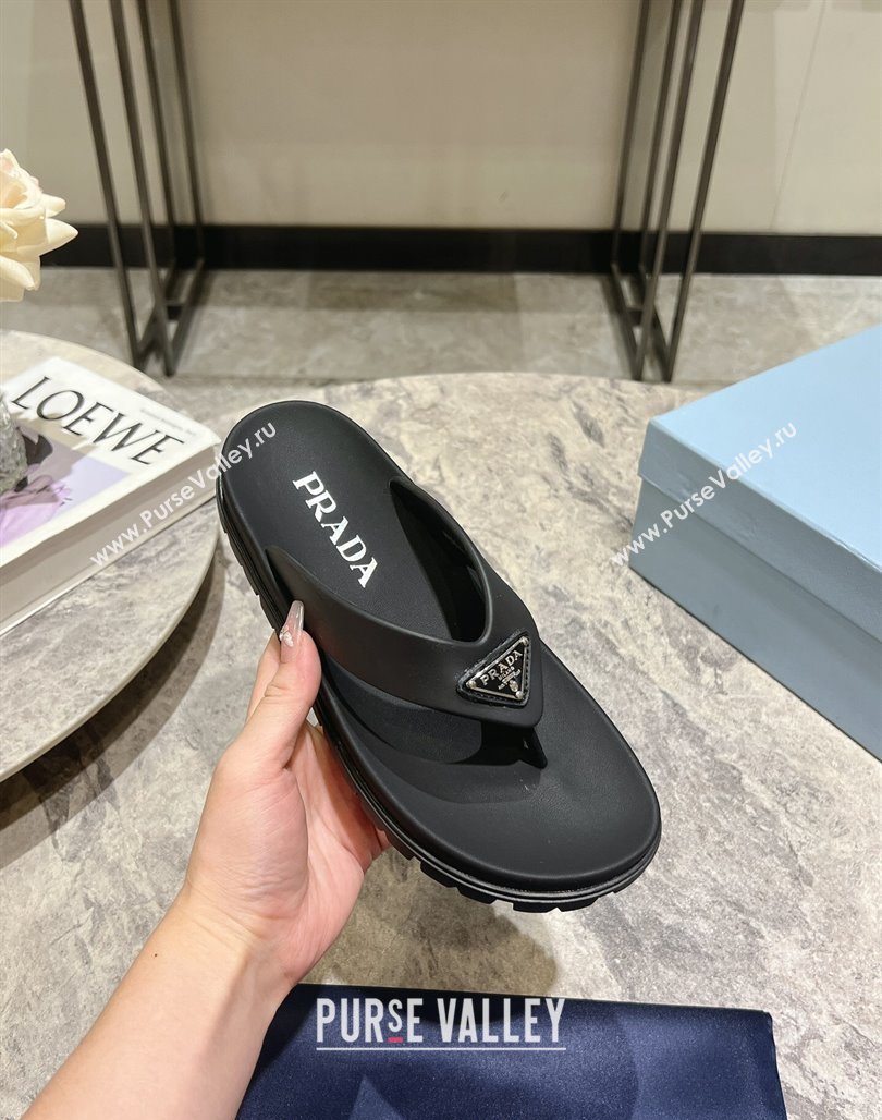 Prada Leather Platform Thong Slides Sandal Black 2024 072007 (KL-240720035)