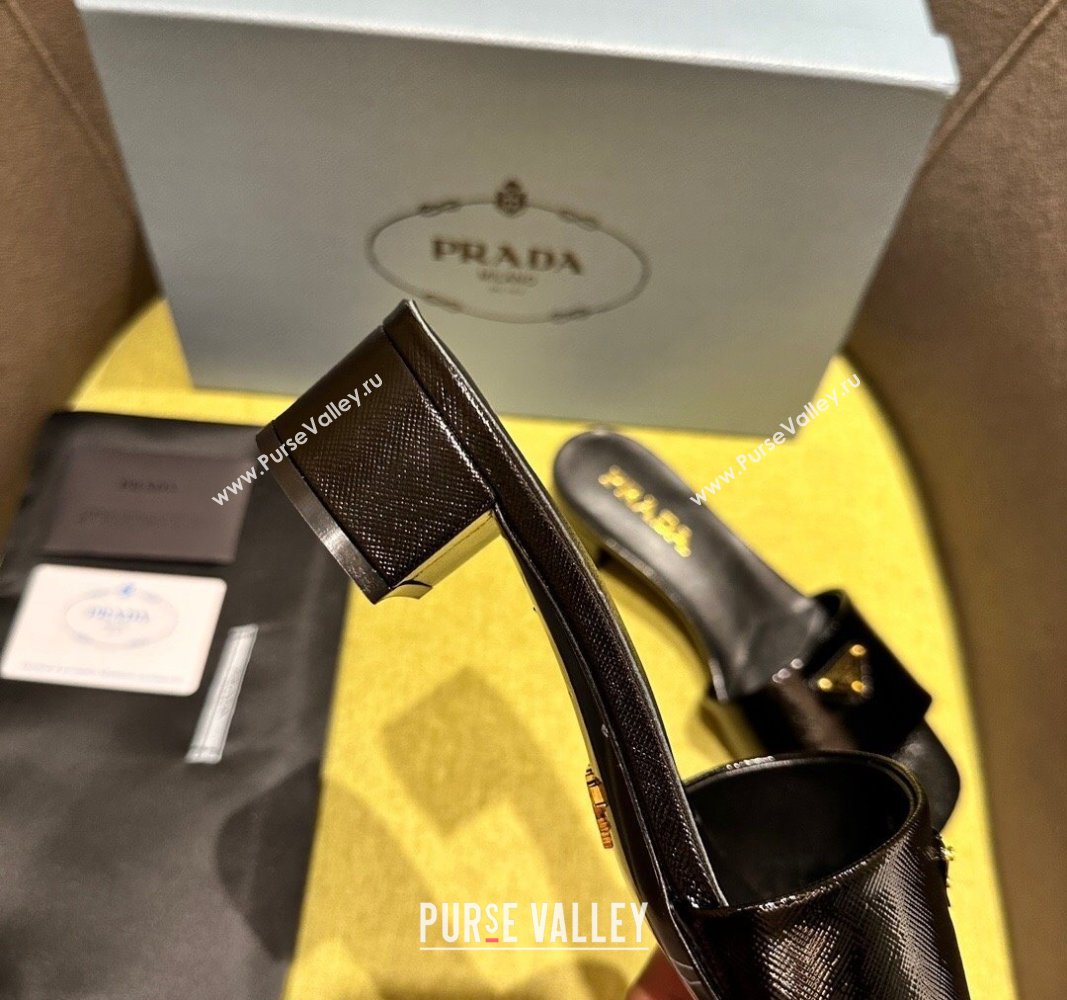 Prada Patent Saffiano Leather Heel Slides Sandal 4cm Black 2024 072001 (KL-240720001)