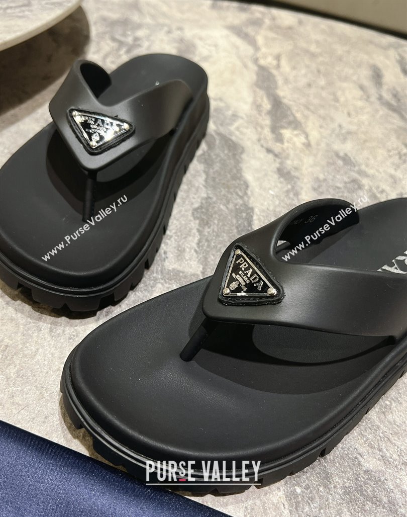 Prada Leather Platform Thong Slides Sandal Black 2024 072007 (KL-240720035)