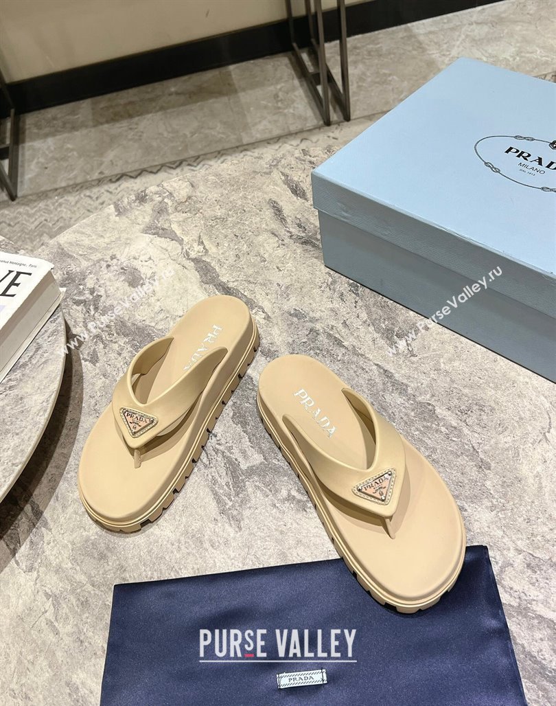 Prada Leather Platform Thong Slides Sandal Beige 2024 072007 (KL-240720036)