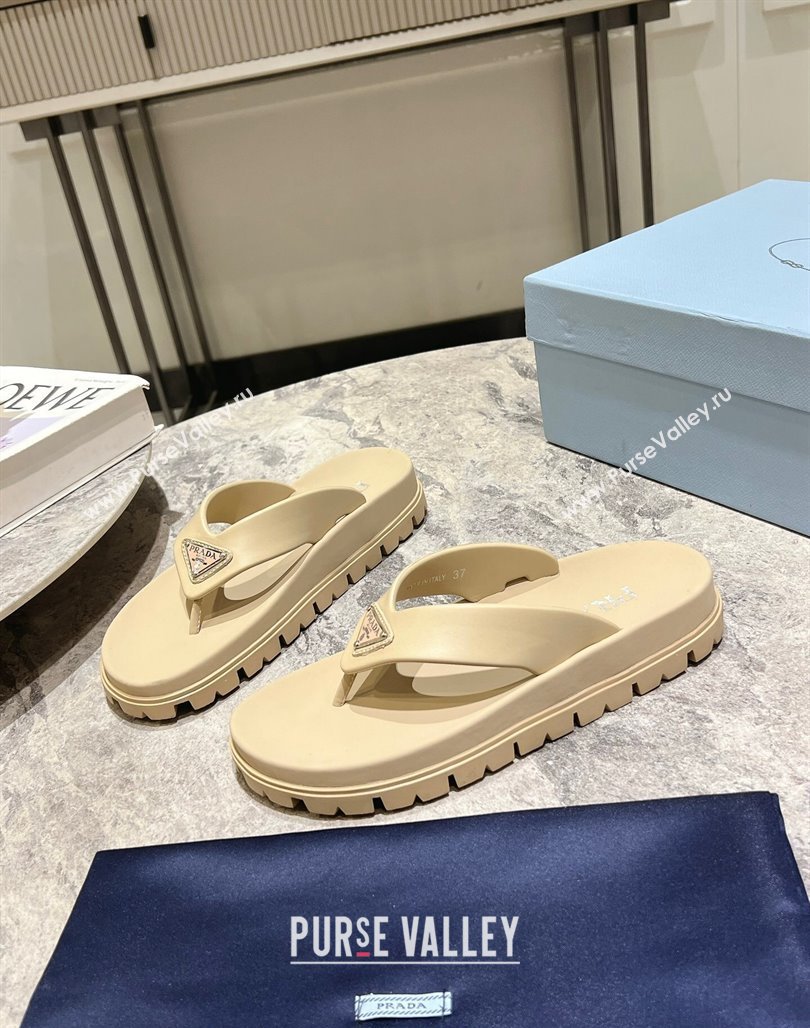 Prada Leather Platform Thong Slides Sandal Beige 2024 072007 (KL-240720036)