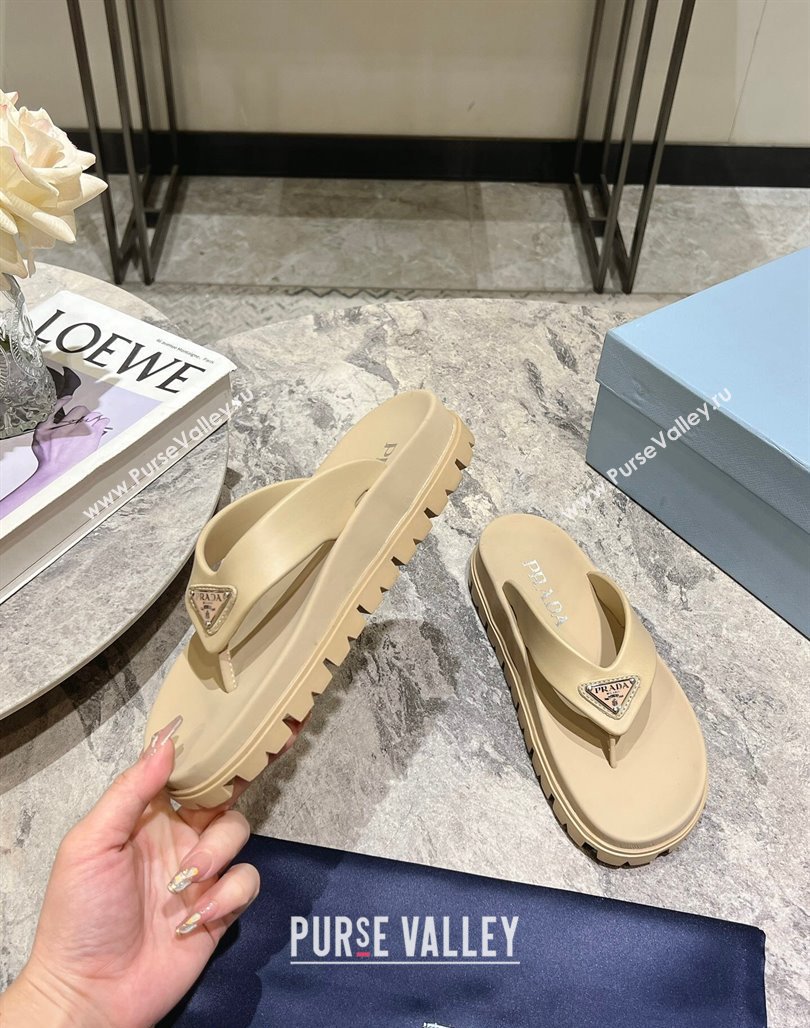 Prada Leather Platform Thong Slides Sandal Beige 2024 072007 (KL-240720036)