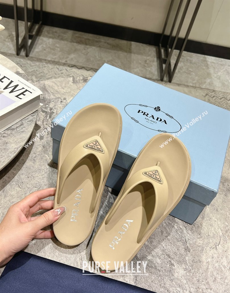 Prada Leather Platform Thong Slides Sandal Beige 2024 072007 (KL-240720036)