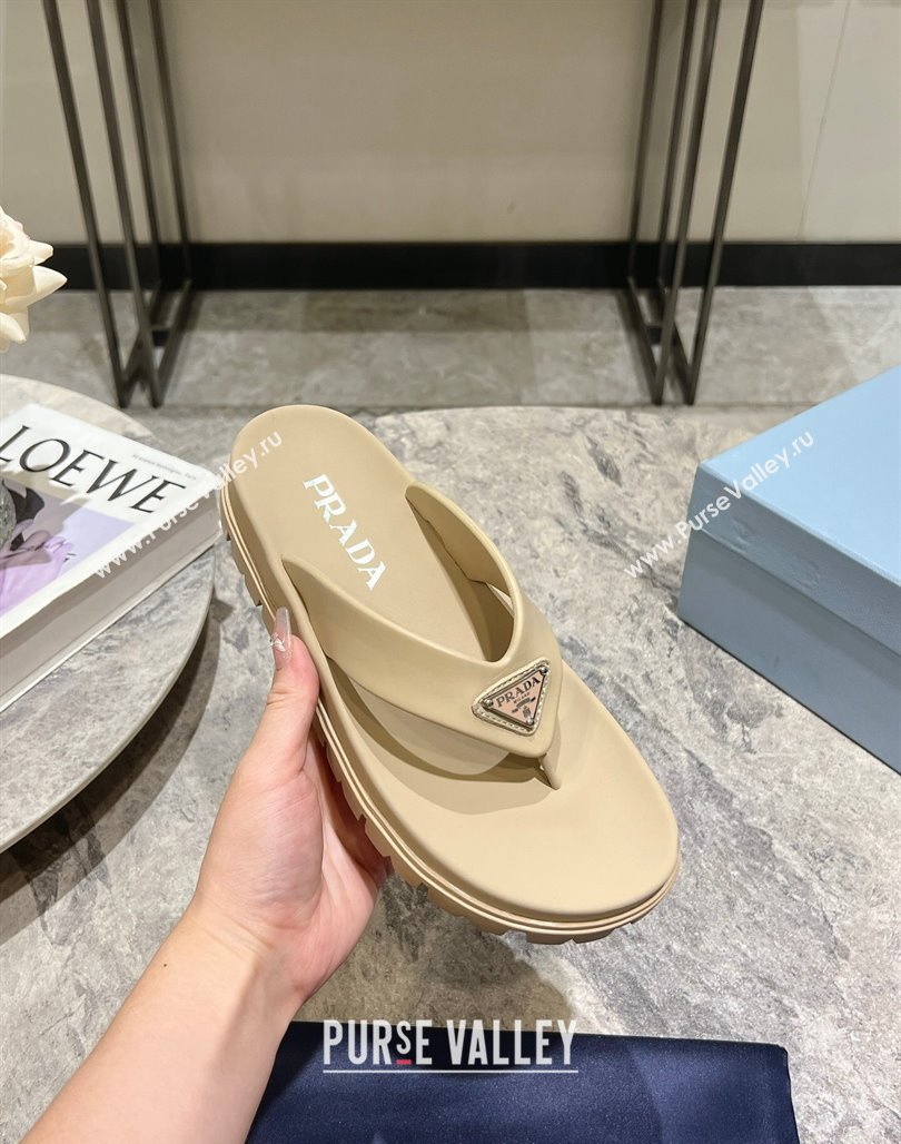 Prada Leather Platform Thong Slides Sandal Beige 2024 072007 (KL-240720036)