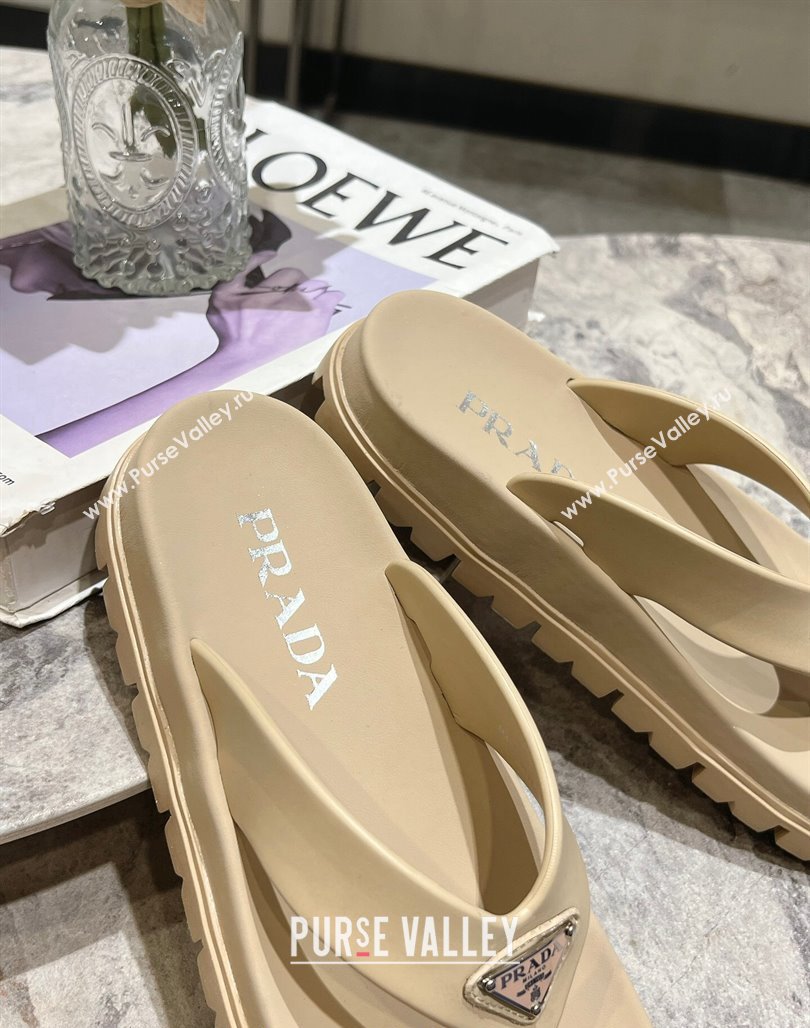 Prada Leather Platform Thong Slides Sandal Beige 2024 072007 (KL-240720036)