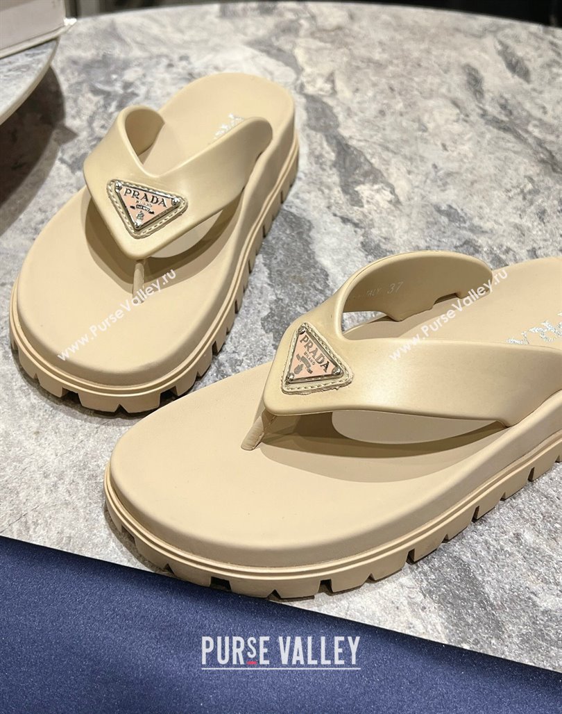 Prada Leather Platform Thong Slides Sandal Beige 2024 072007 (KL-240720036)