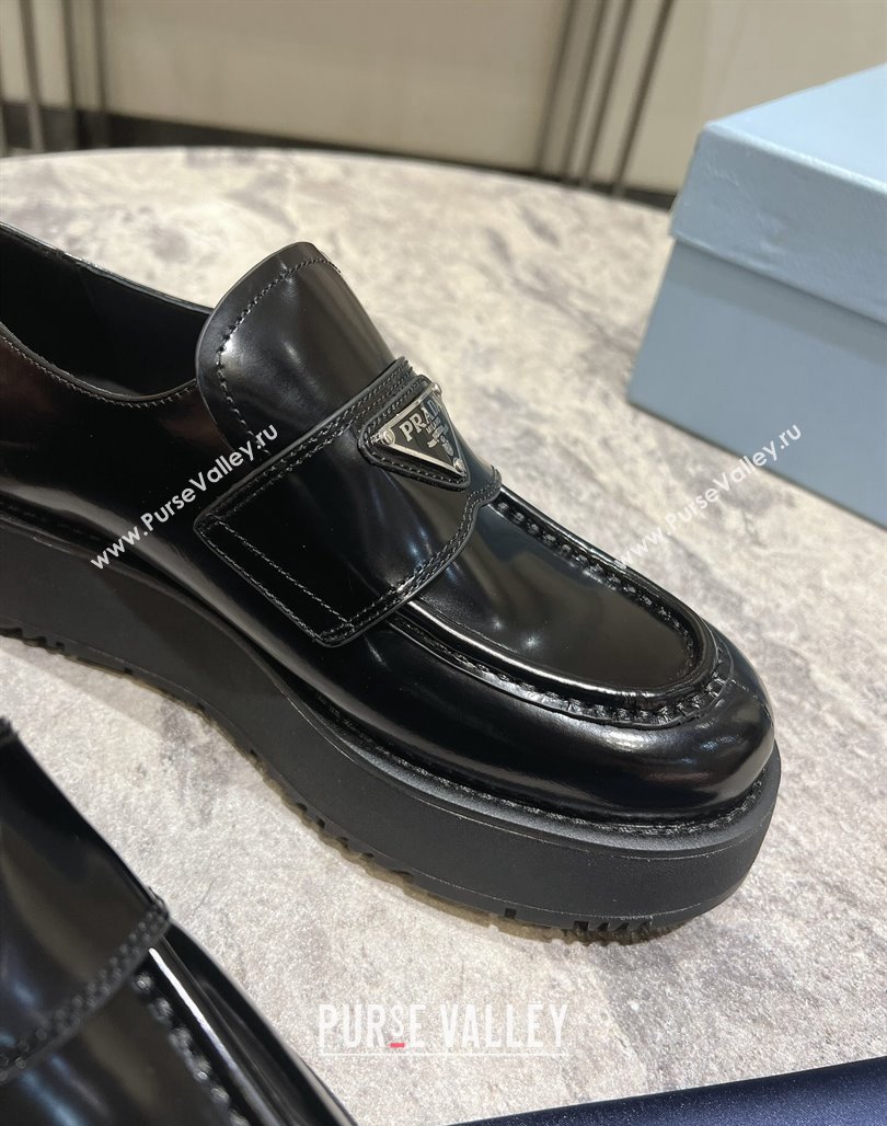 Prada Brushed Leather Platform Loafers 4cm Black 2024 072008 (KL-240720037)