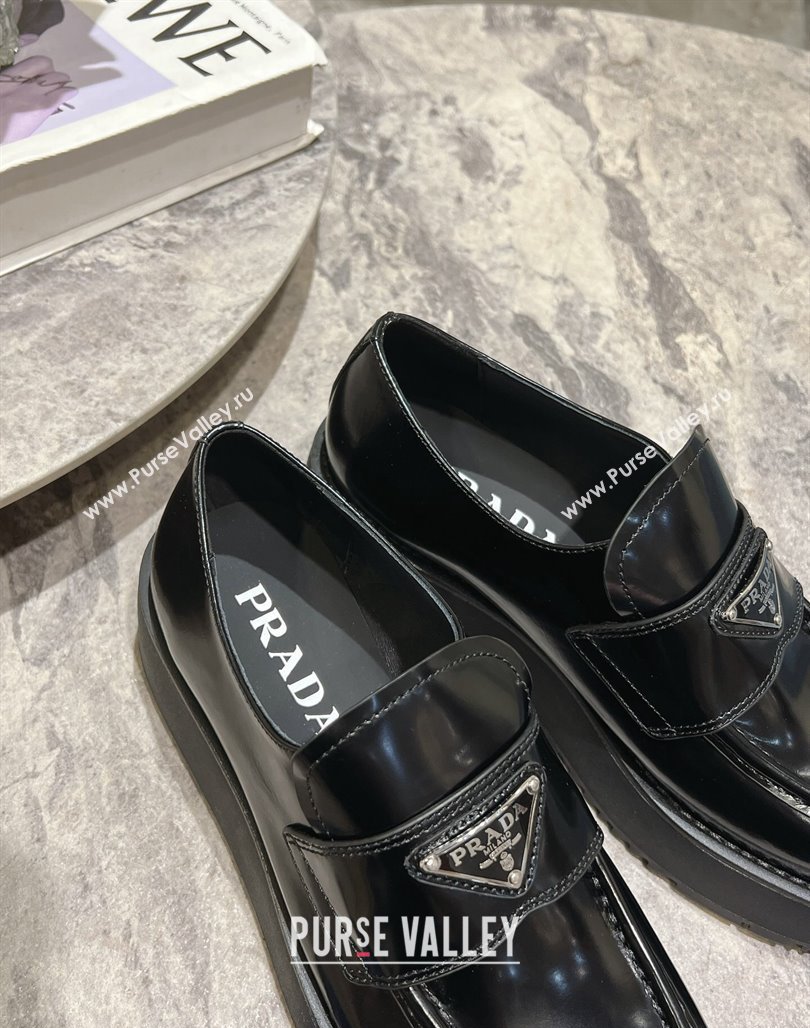 Prada Brushed Leather Platform Loafers 4cm Black 2024 072008 (KL-240720037)