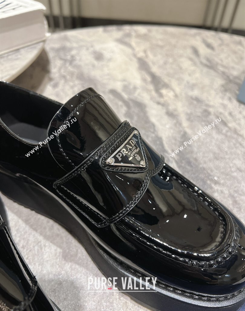 Prada Patent Leather Platform Loafers 4cm Black 2024 072008 (KL-240720038)