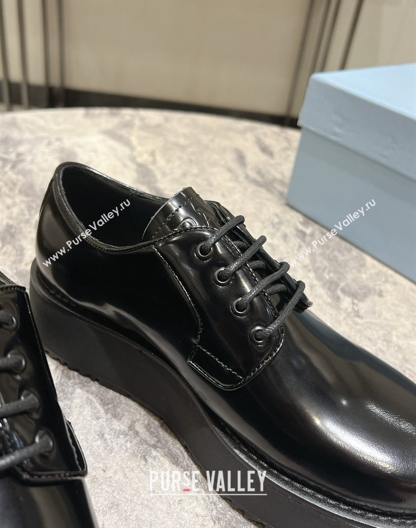 Prada Brushed Leather Platform Lace-up Shoes 4cm Black 2024 072008 (KL-240720039)