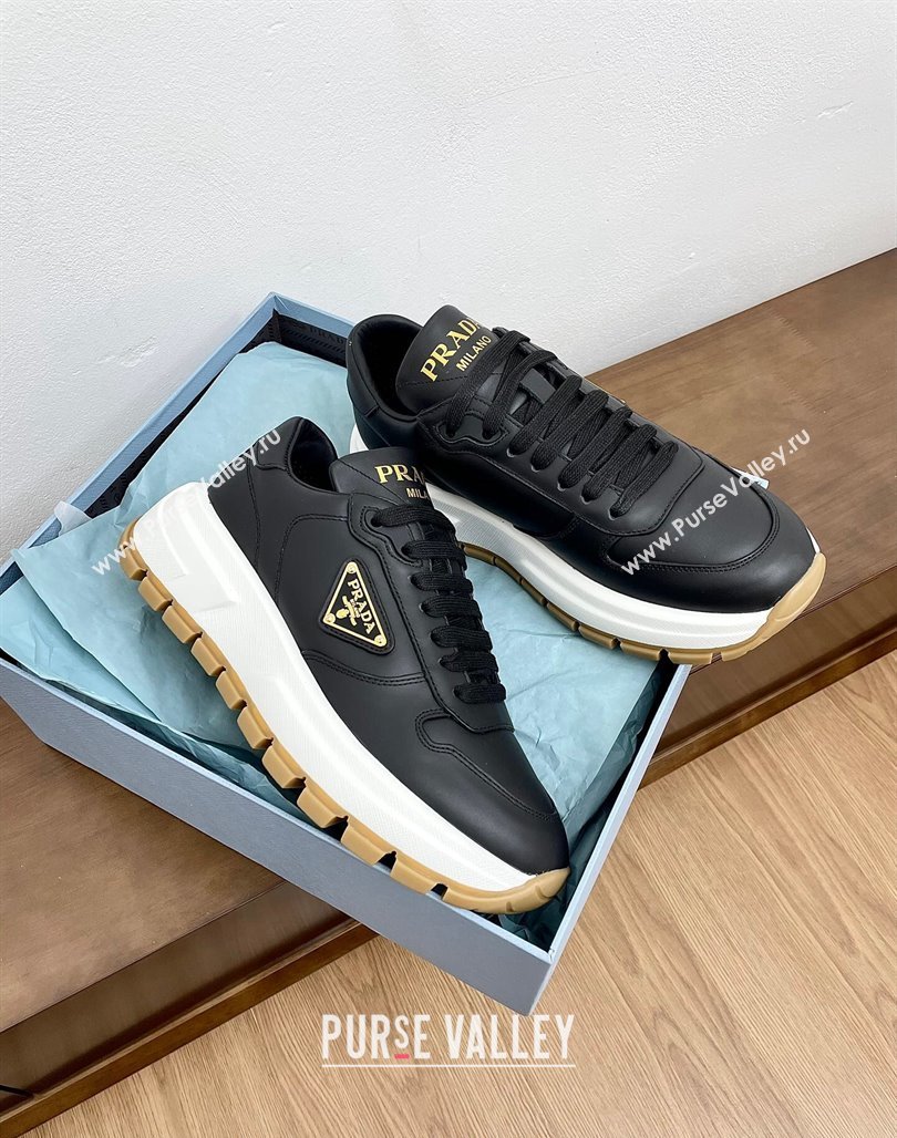 Prada Gabardine Leather Sneakers Black/Gold 2024 071901 (KL-240719121)