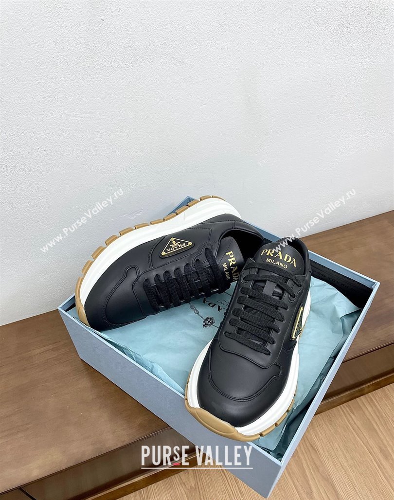 Prada Gabardine Leather Sneakers Black/Gold 2024 071901 (KL-240719121)