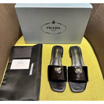 Prada Patent Saffiano Leather Flat Slides Sandal Black 2024 072001 (KL-240720005)