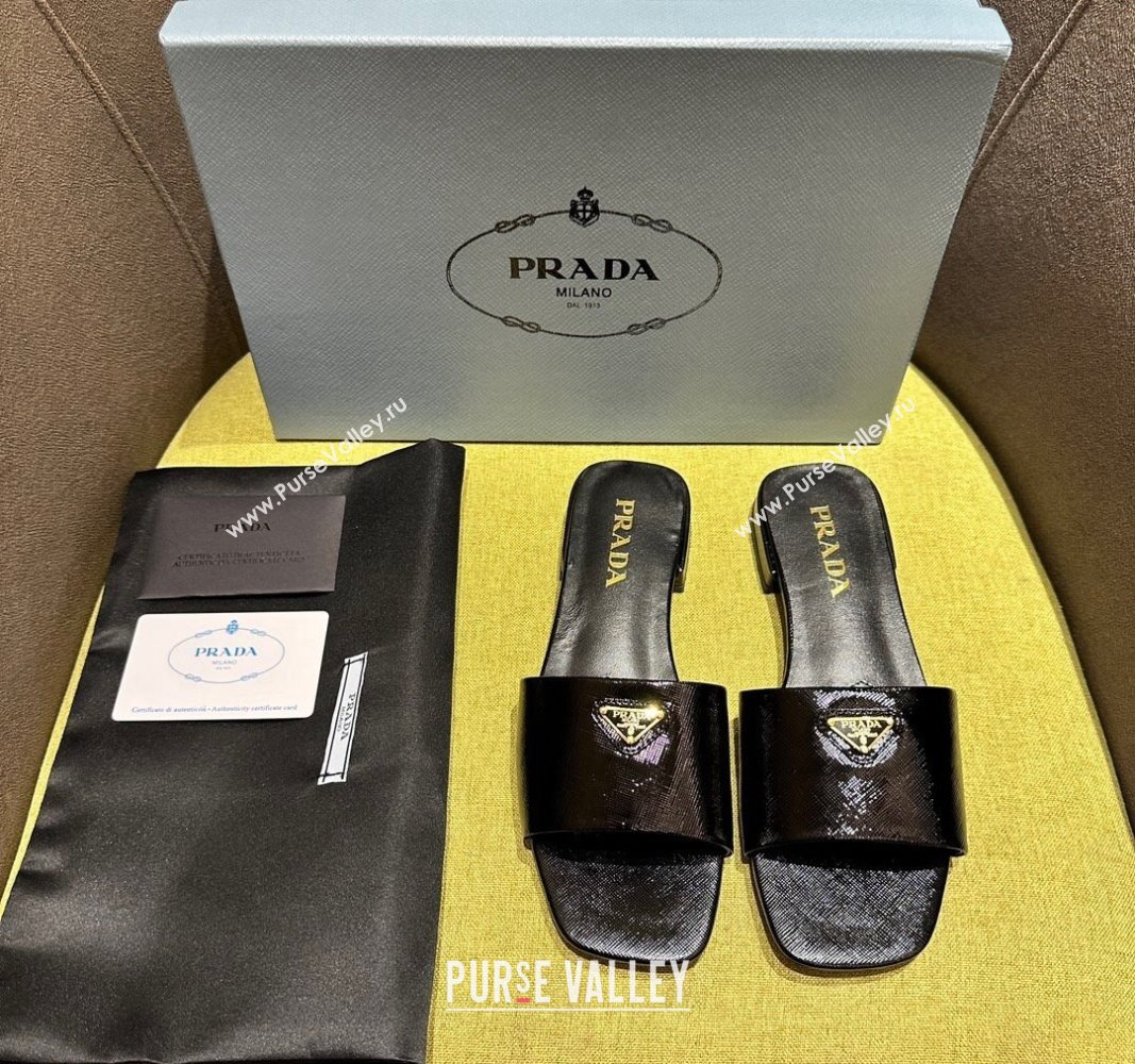 Prada Patent Saffiano Leather Flat Slides Sandal Black 2024 072001 (KL-240720005)