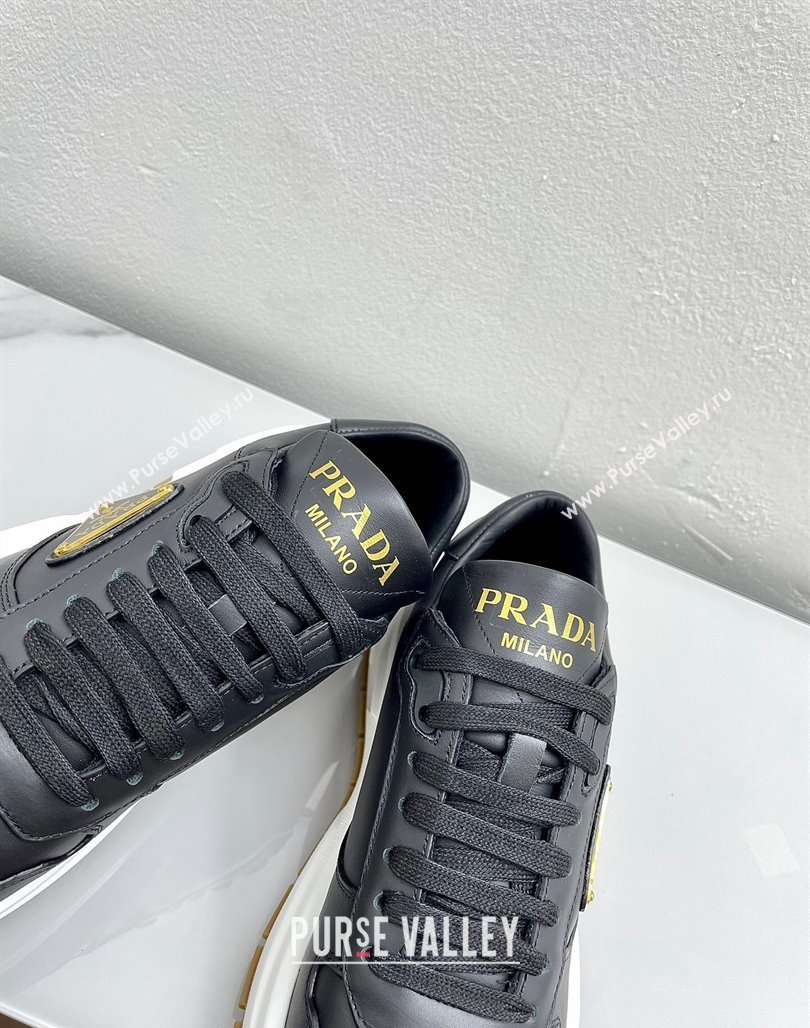 Prada Gabardine Leather Sneakers Black/Gold 2024 071901 (KL-240719121)