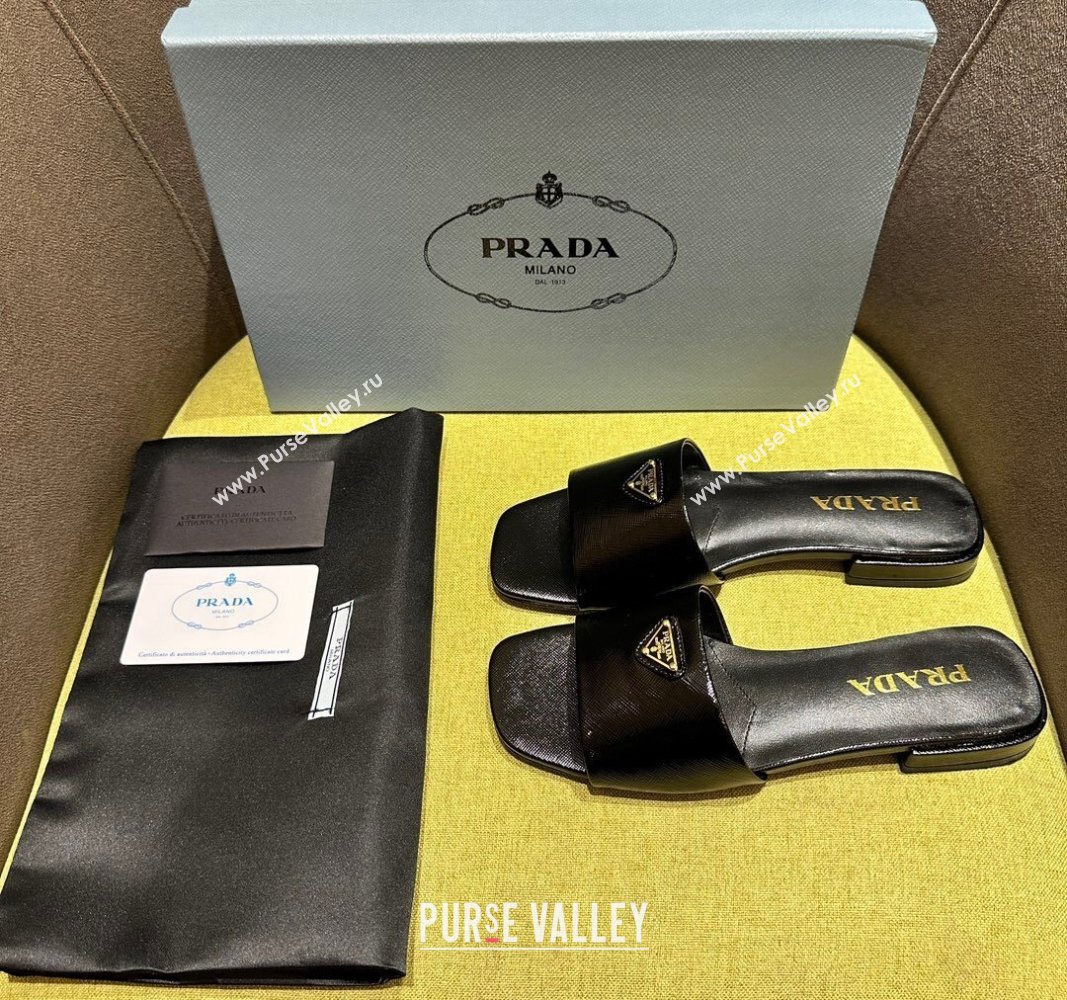 Prada Patent Saffiano Leather Flat Slides Sandal Black 2024 072001 (KL-240720005)