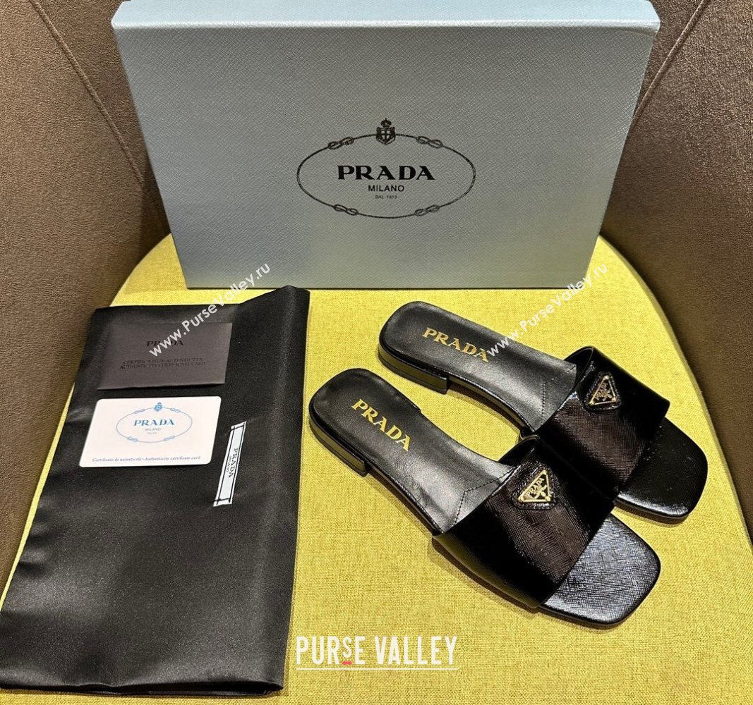 Prada Patent Saffiano Leather Flat Slides Sandal Black 2024 072001 (KL-240720005)