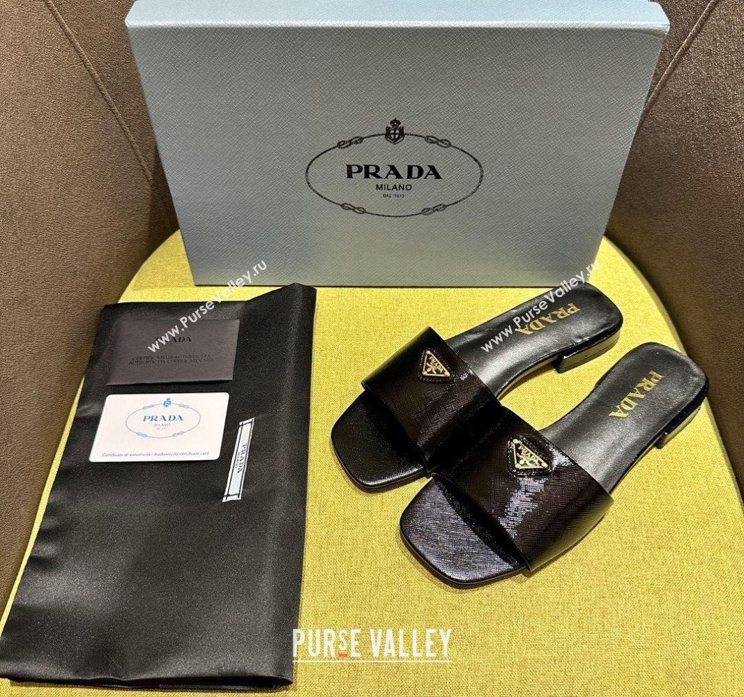 Prada Patent Saffiano Leather Flat Slides Sandal Black 2024 072001 (KL-240720005)