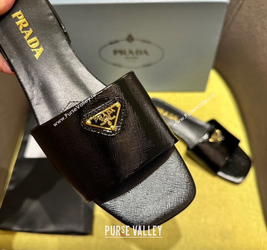 Prada Patent Saffiano Leather Flat Slides Sandal Black 2024 072001 (KL-240720005)