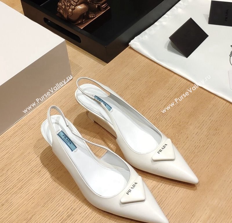 Prada Brush Leather Wedge Slingback Pumps 6.5cm White 2024 0810 (SS-24081060)