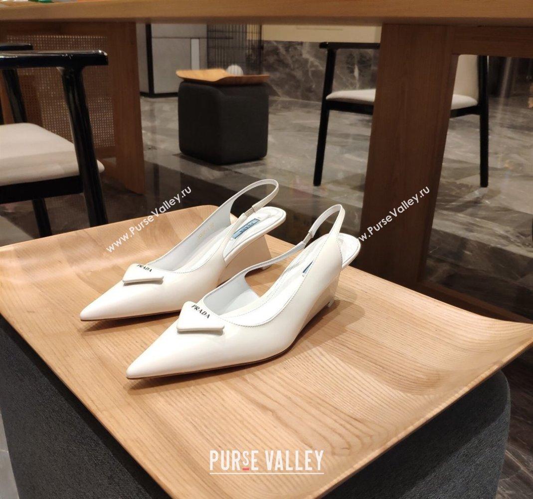 Prada Brush Leather Wedge Slingback Pumps 6.5cm White 2024 0810 (SS-24081060)