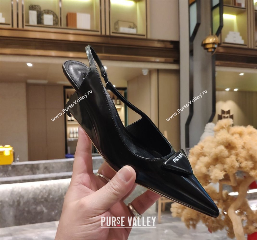 Prada Brush Leather Wedge Slingback Pumps 6.5cm Black 2024 0810 (SS-24081061)