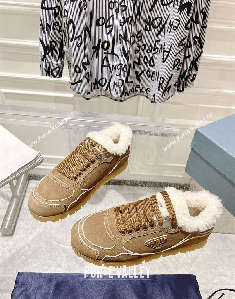 Prada Faded suede sneakers with Wool Lining Camel Brown 2024 (SS-24081067)