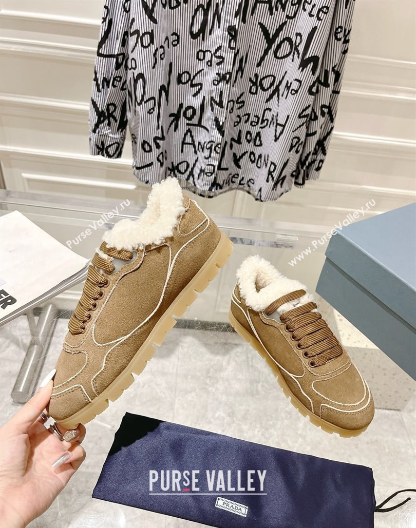 Prada Faded suede sneakers with Wool Lining Camel Brown 2024 (SS-24081067)