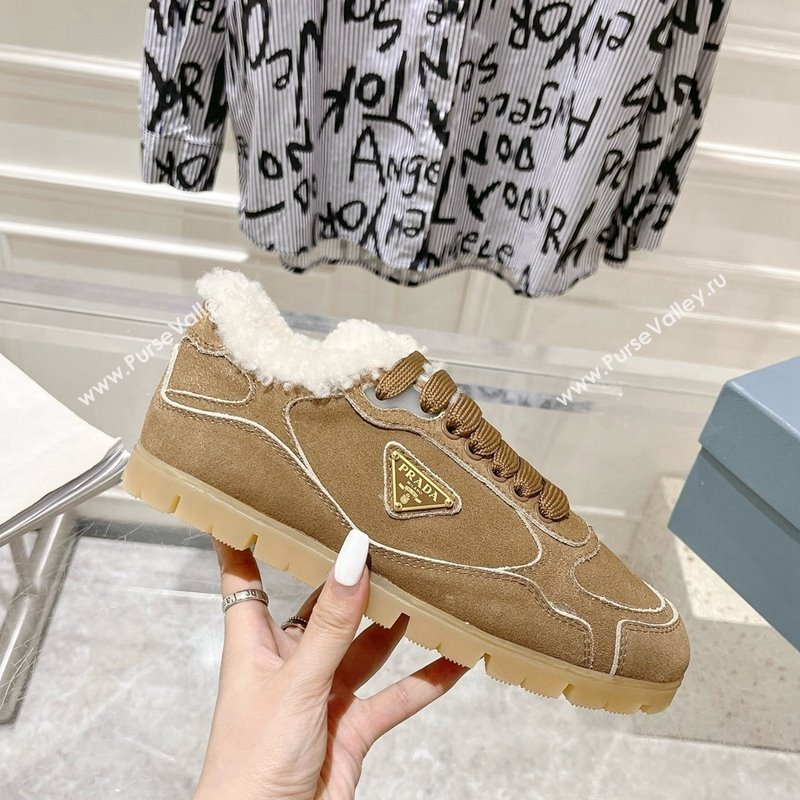 Prada Faded suede sneakers with Wool Lining Camel Brown 2024 (SS-24081067)