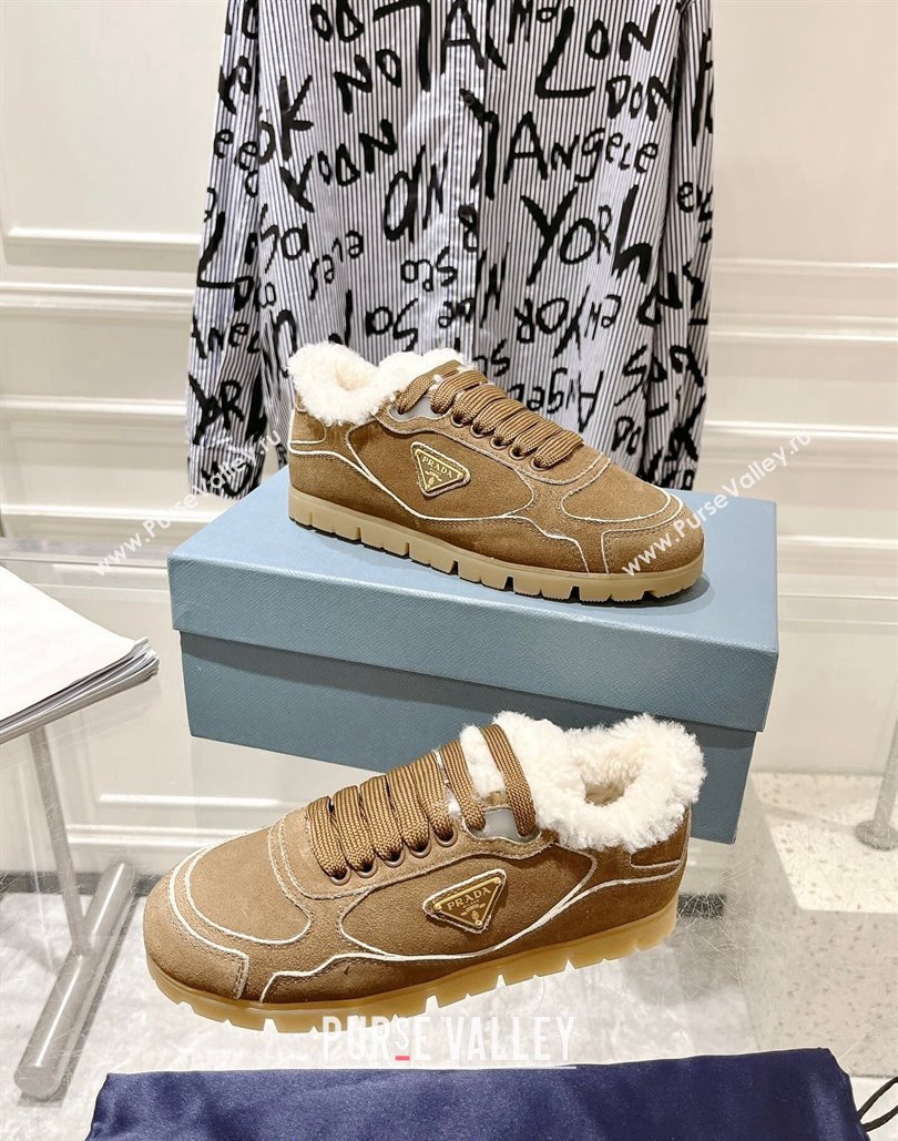 Prada Faded suede sneakers with Wool Lining Camel Brown 2024 (SS-24081067)