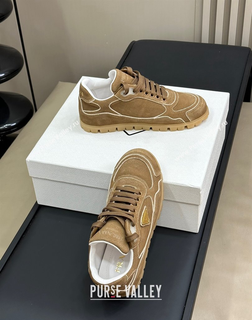 Prada Faded suede sneakers Camel Brown 2024 0810 (SS-24081065)