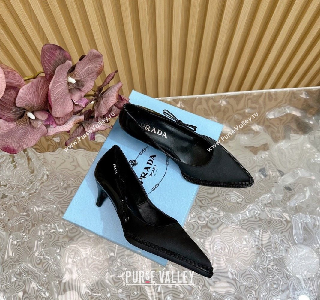 Prada Patchwork Satin Pumps 5cm with Bow Black 2024 081201 (KL-240812006)