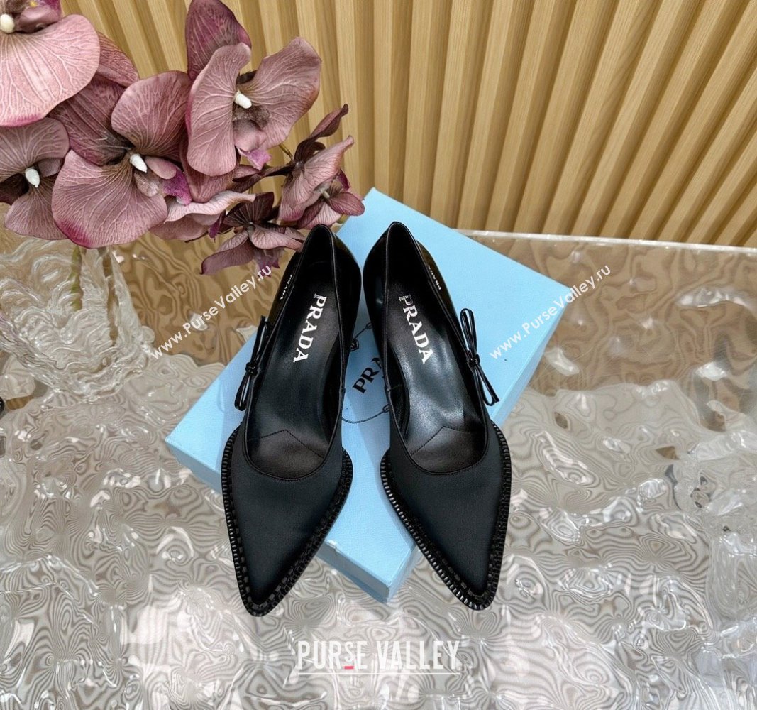 Prada Patchwork Satin Pumps 5cm with Bow Black 2024 081201 (KL-240812006)