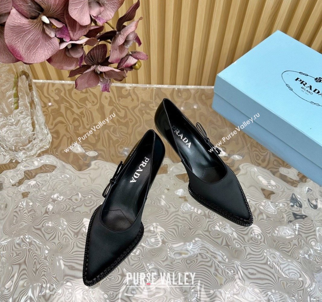 Prada Patchwork Satin Pumps 5cm with Bow Black 2024 081201 (KL-240812006)